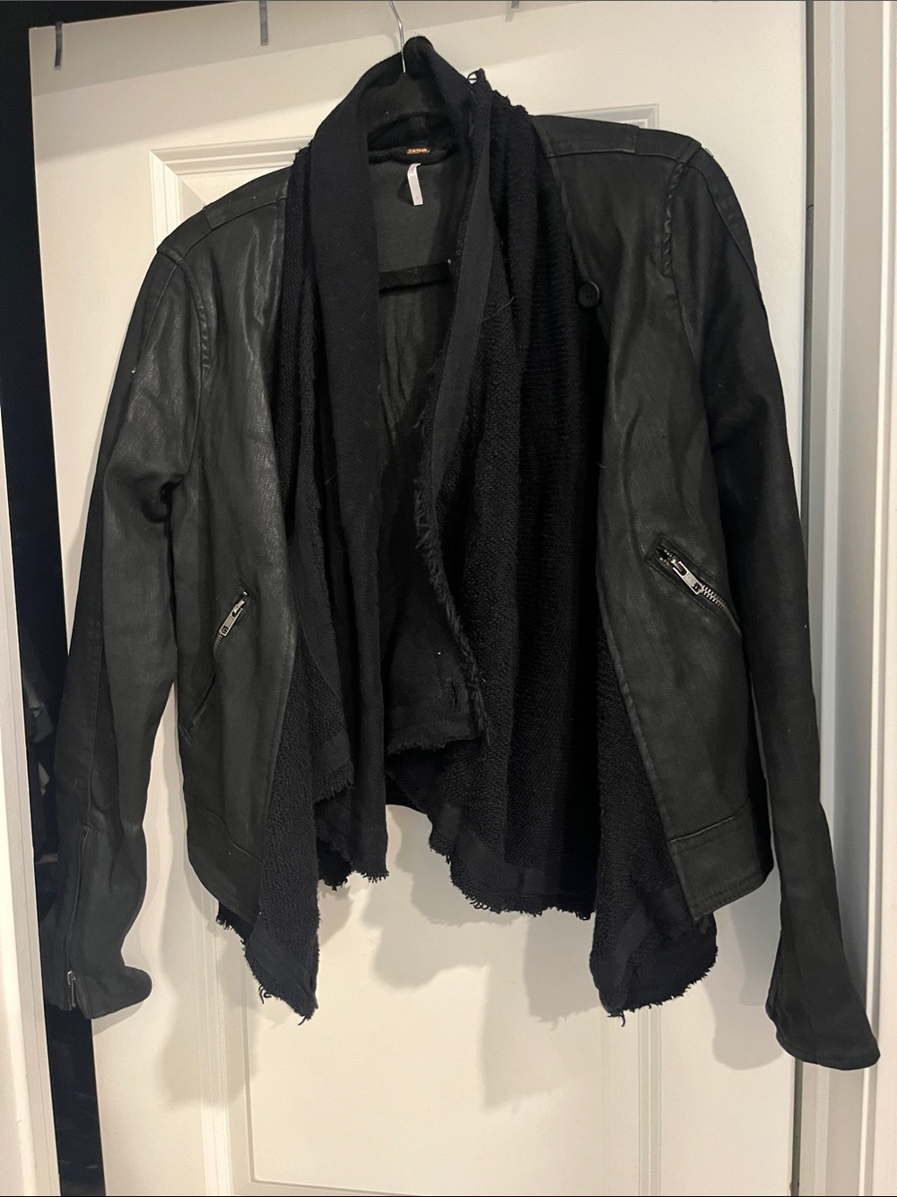 Free People Black Jean Jacket with attached Draped Scarf Detail